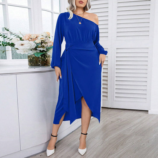Curve Electric Blue One Shoulder Mid Length Dress