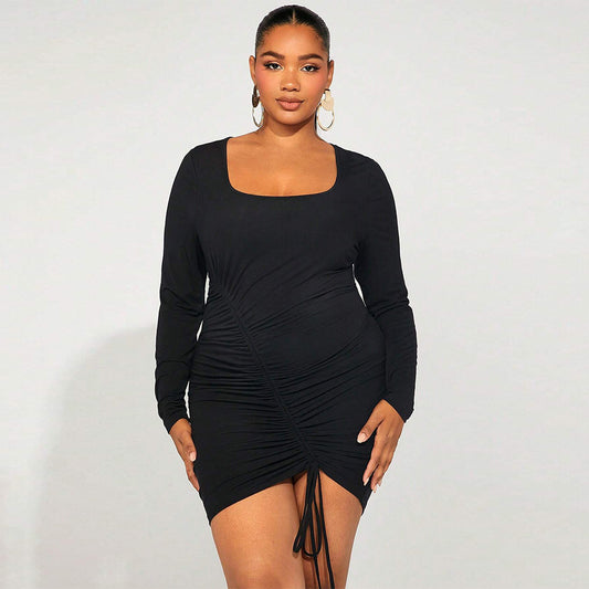 Curve Square Collar Ruched-Tie Dress