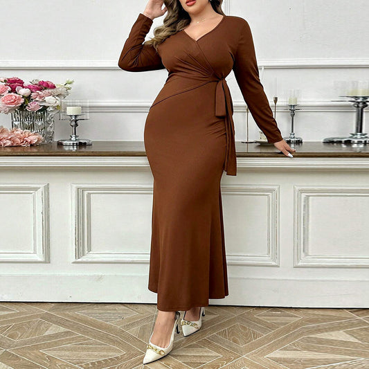 Curve Coffee Brown Tie Wrapped Ankle Length Dress