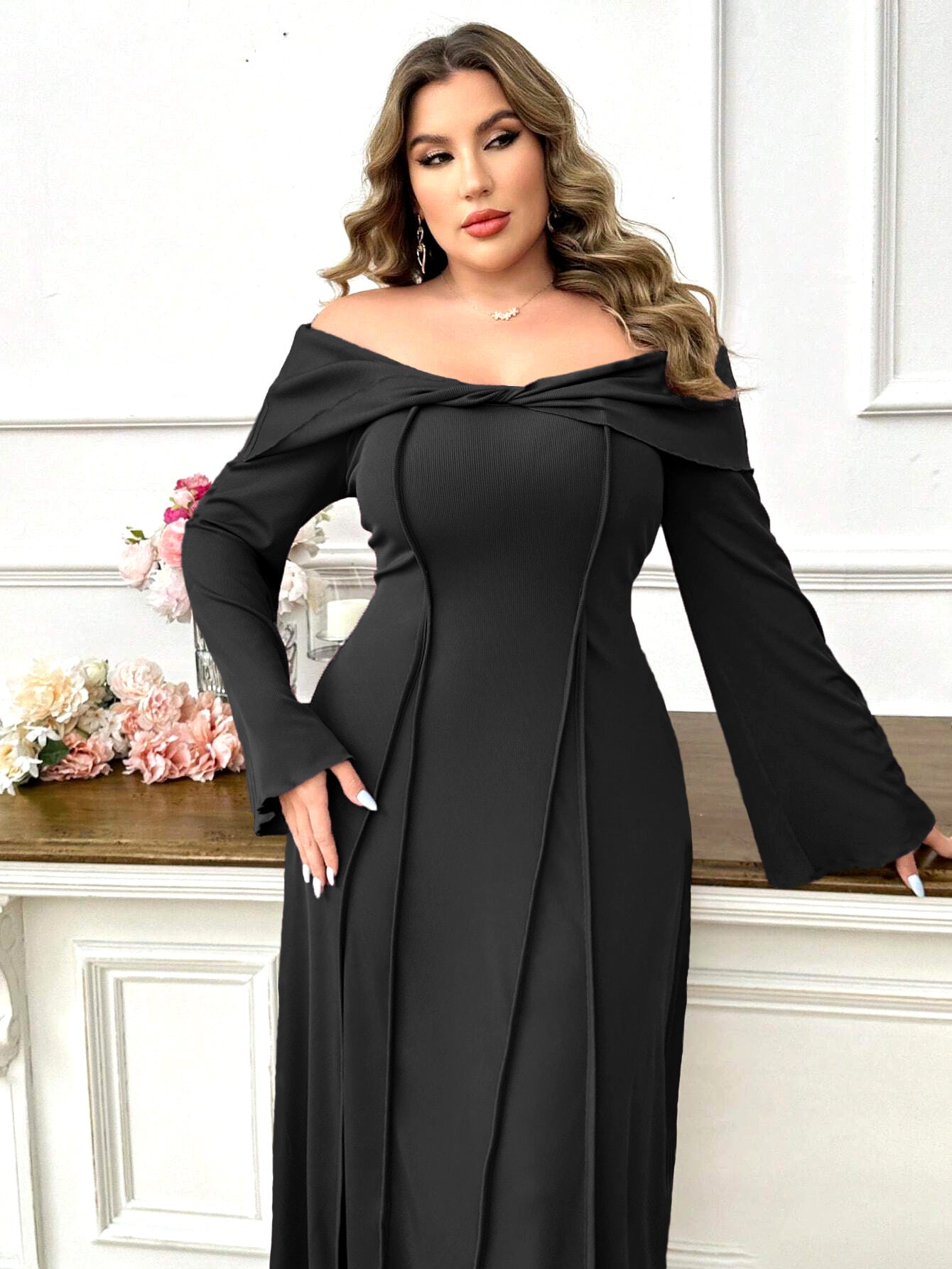 Curve Off Shoulder Boat Collar Midi Dress