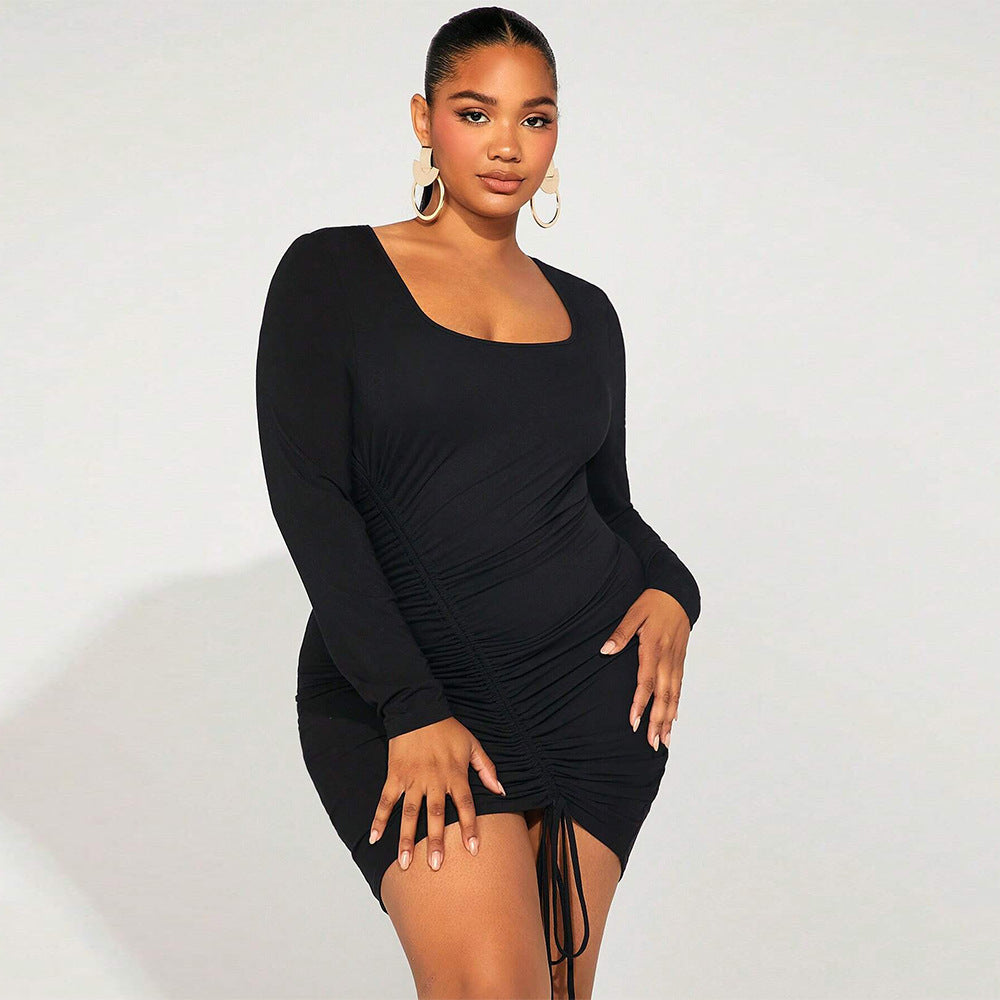 Curve Square Collar Ruched-Tie Dress