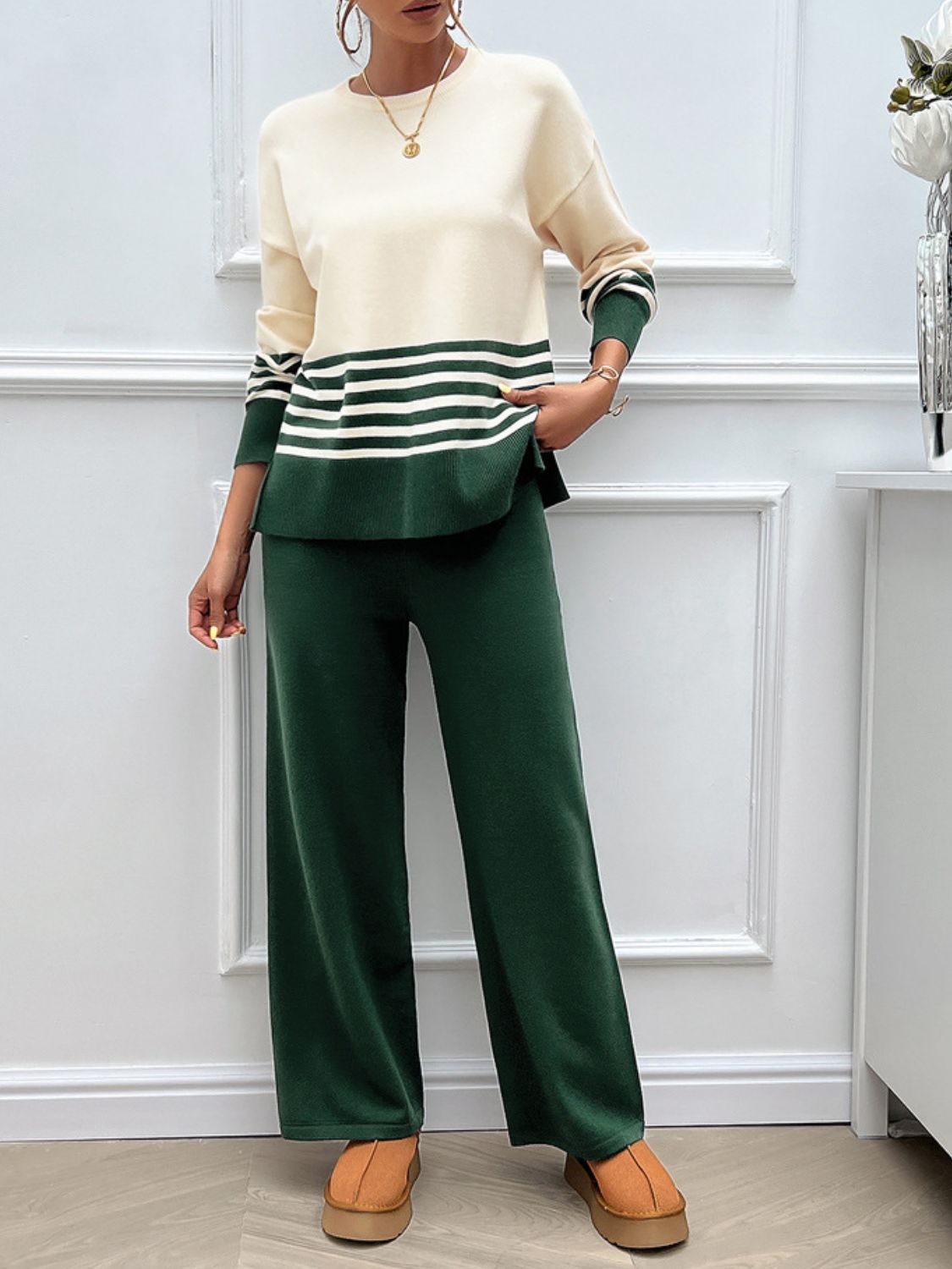Striped Round Neck Top and Pants Sweater Set