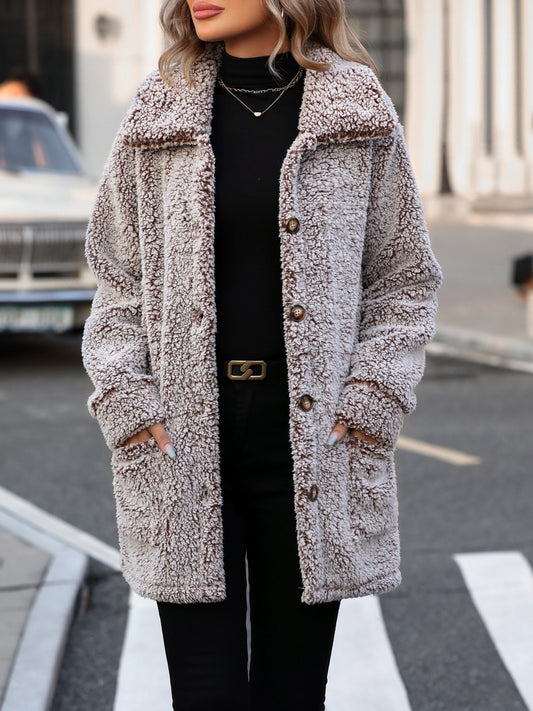 Pocketed Collared Neck Plush Jacket