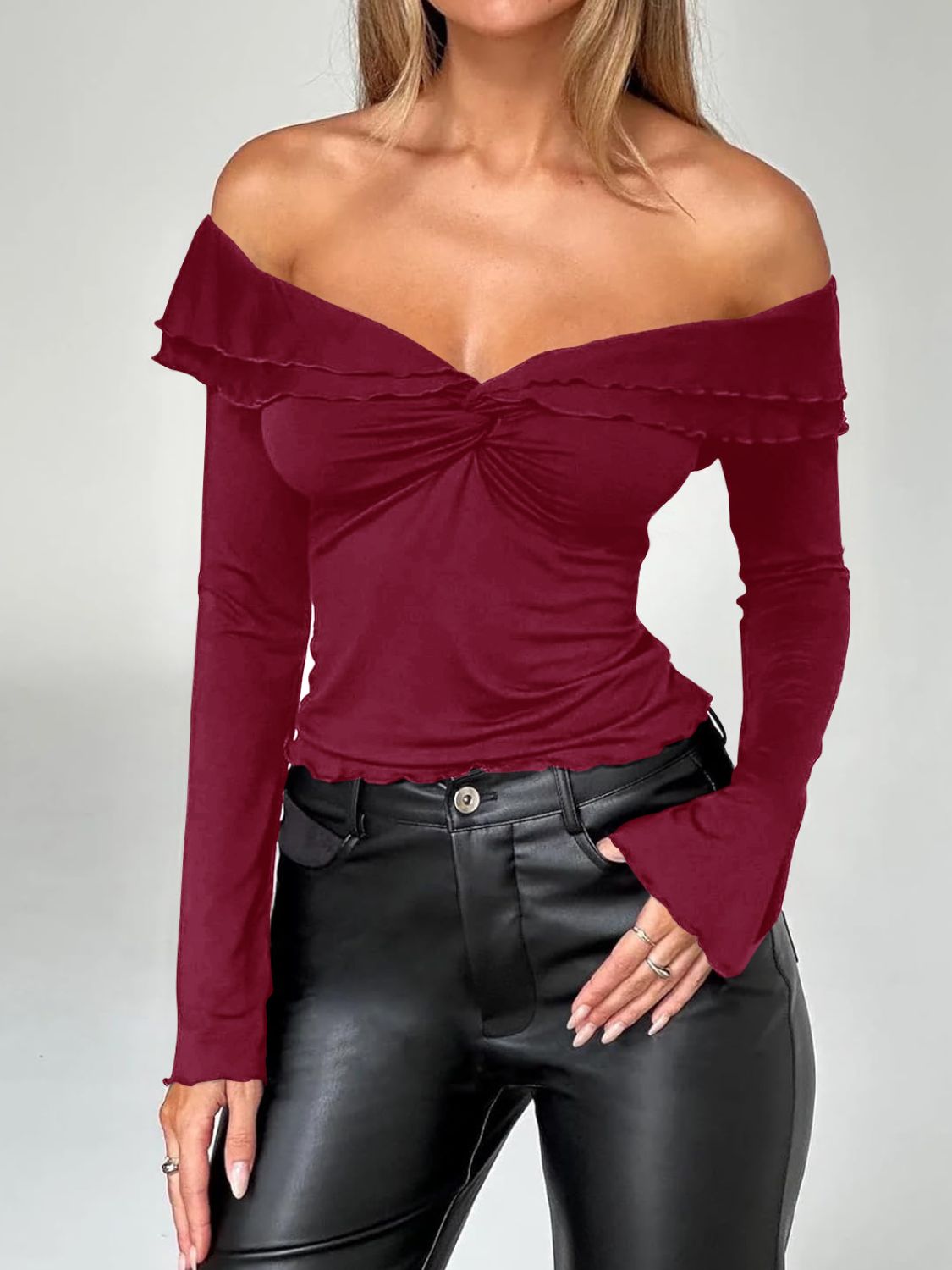 Twisted Ruffled Off-Shoulder Long Sleeve T-Shirt