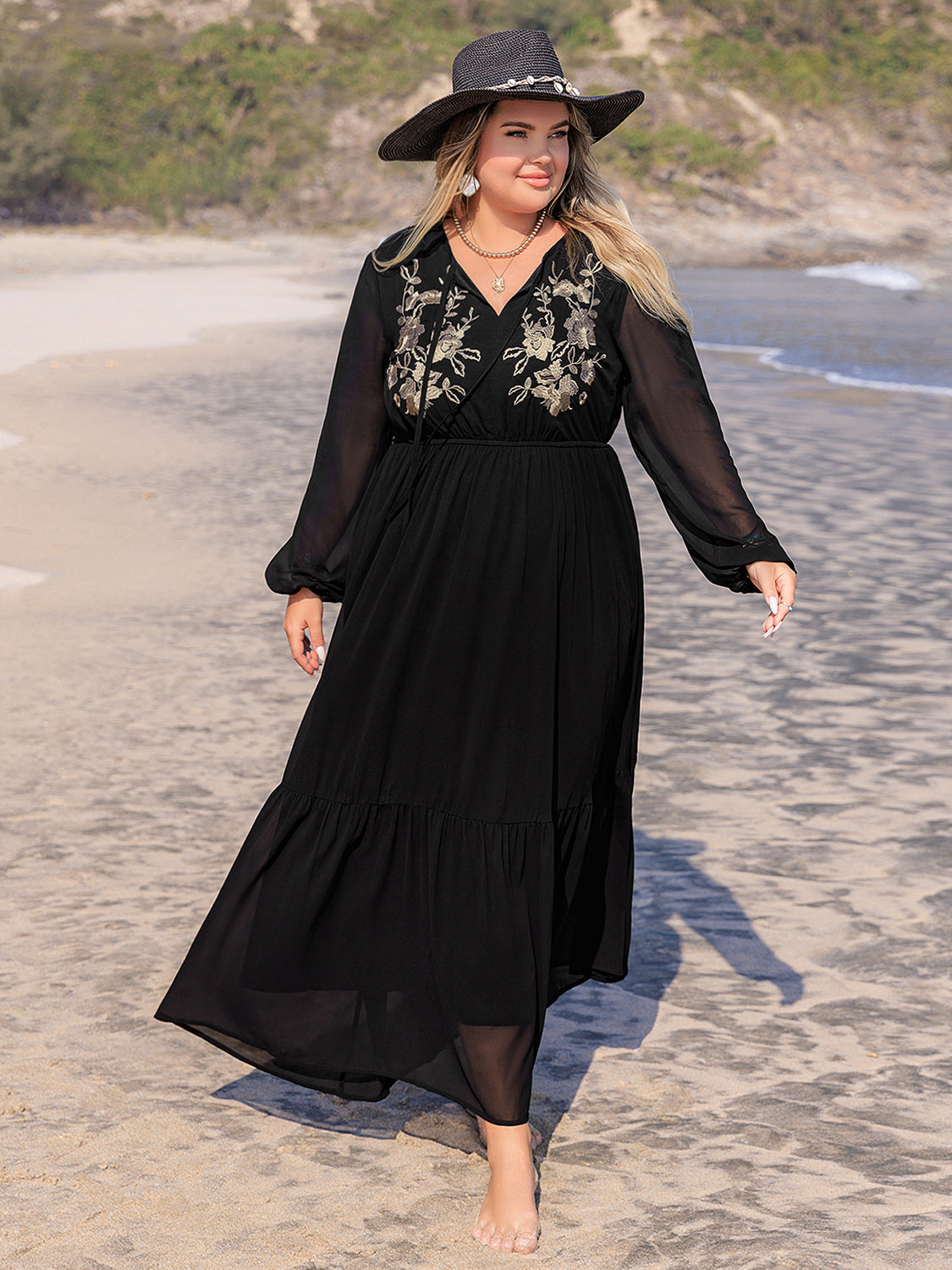 Curve Embroidered Tie Neck Long Sleeve Dress