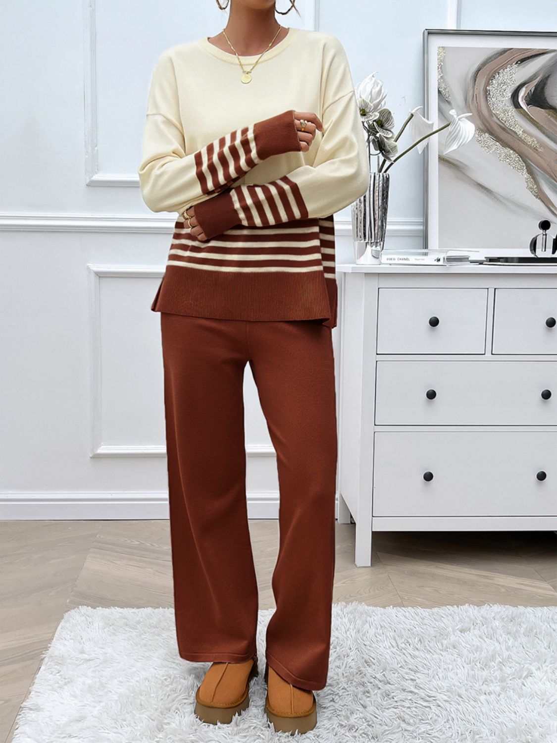 Striped Round Neck Top and Pants Sweater Set