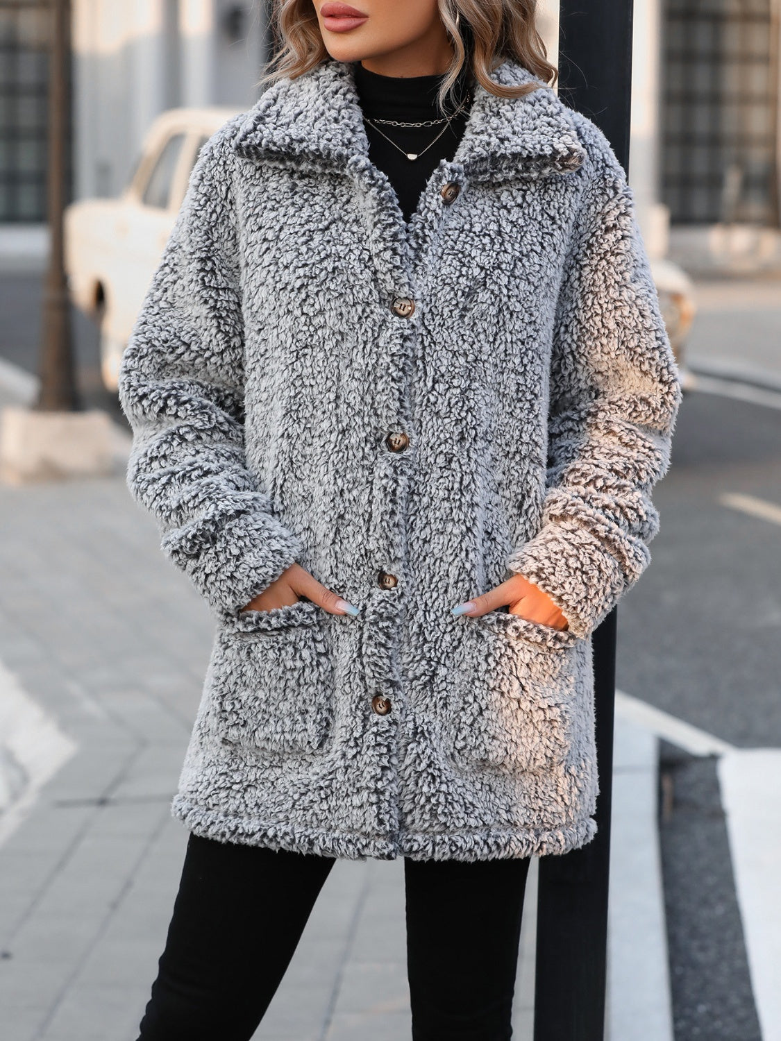 Pocketed Collared Neck Plush Jacket