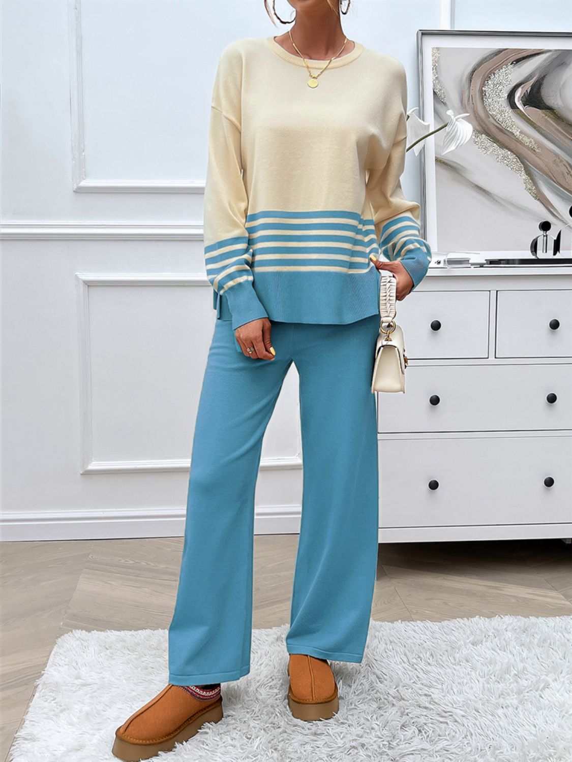 Striped Round Neck Top and Pants Sweater Set