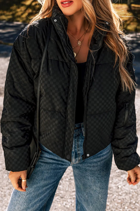 Checkered Turtleneck Zip Up Winter Coat