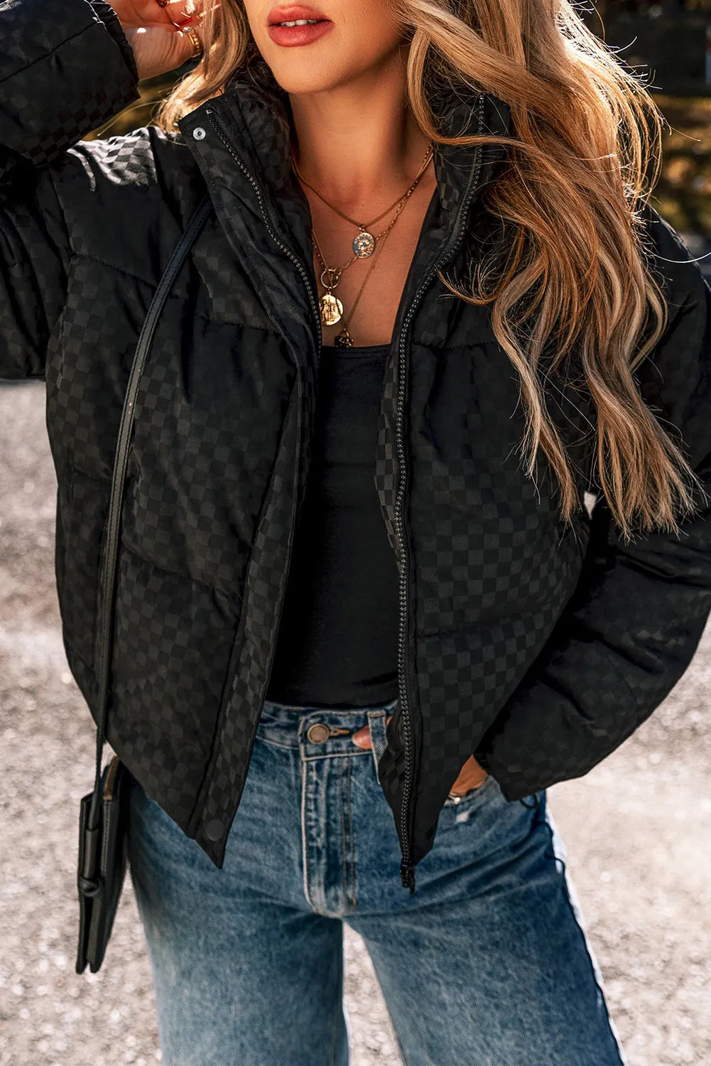 Checkered Turtleneck Zip Up Winter Coat