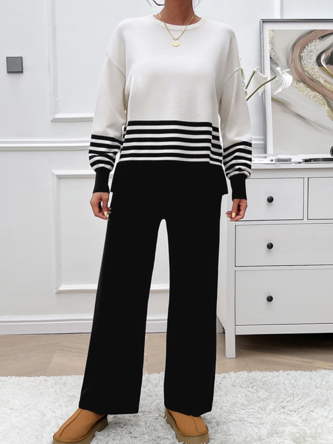 Striped Round Neck Top and Pants Sweater Set