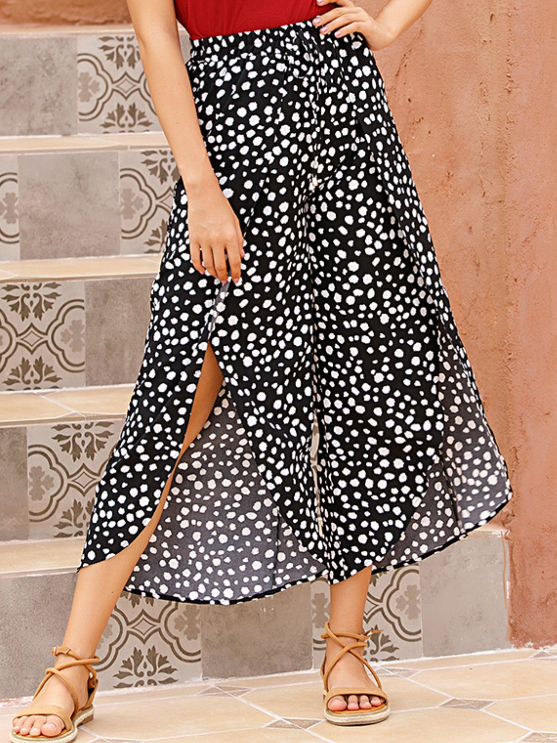 Slit Polka Dot Wide Leg Pants