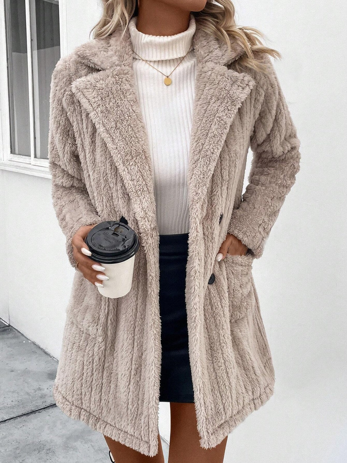 Fuzzy Button Up Coat with Pockets