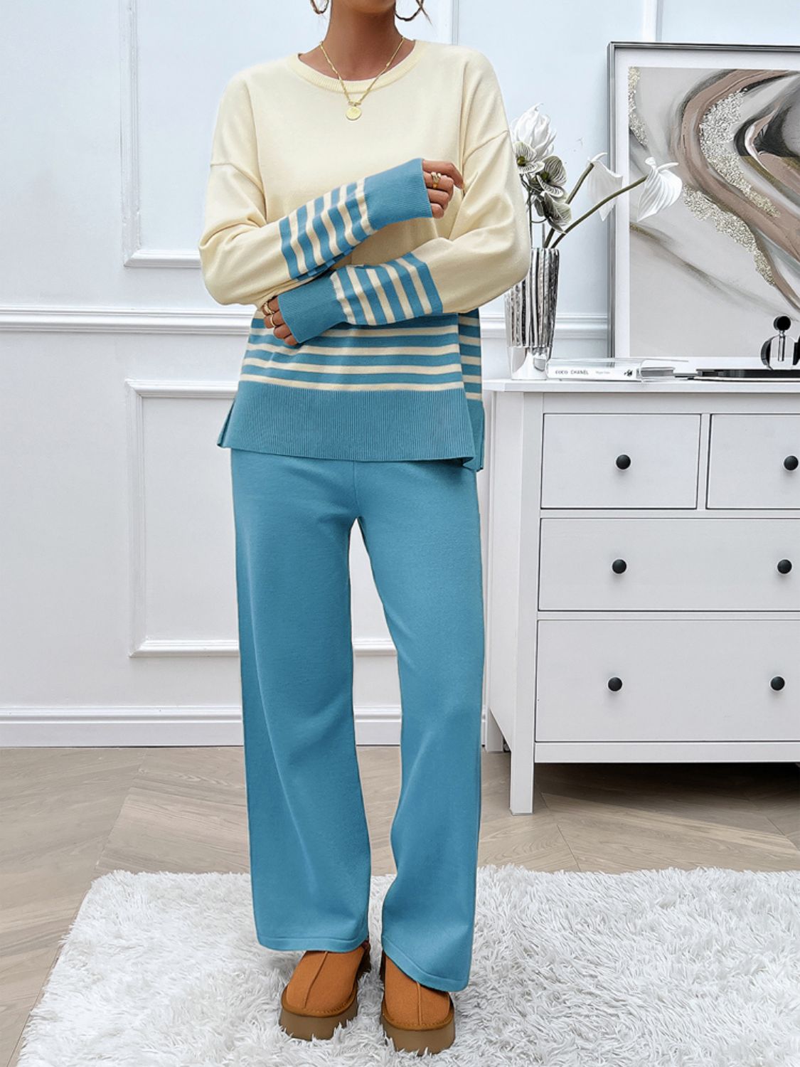 Striped Round Neck Top and Pants Sweater Set